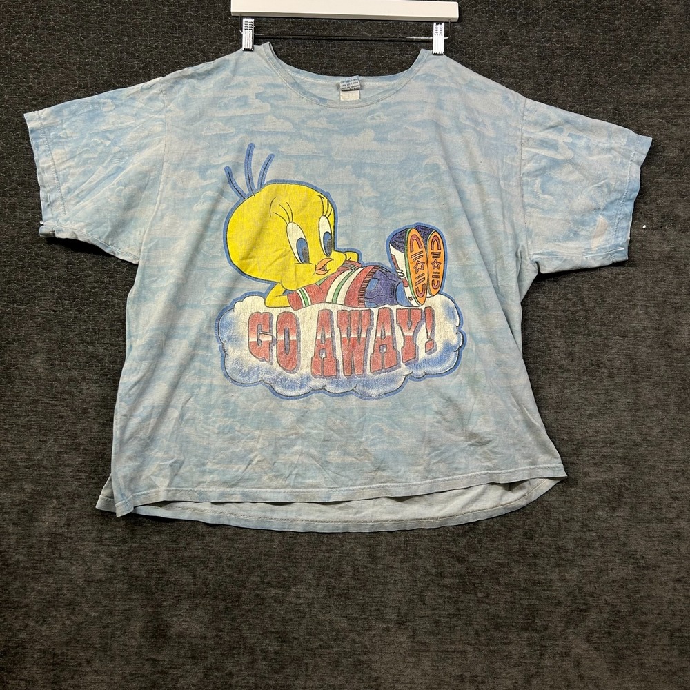 VTG 90s Tweety Bird Go Away Looney Tunes T-Shirt Blue Cloud Print Graphic Tee